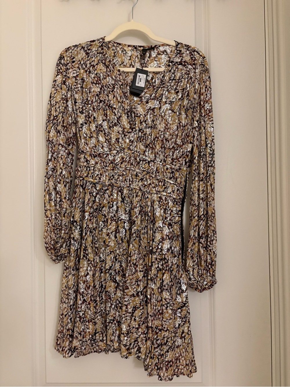 Maje Floral Long-Sleeve Pleated Dress in Mustard, Black & Cream